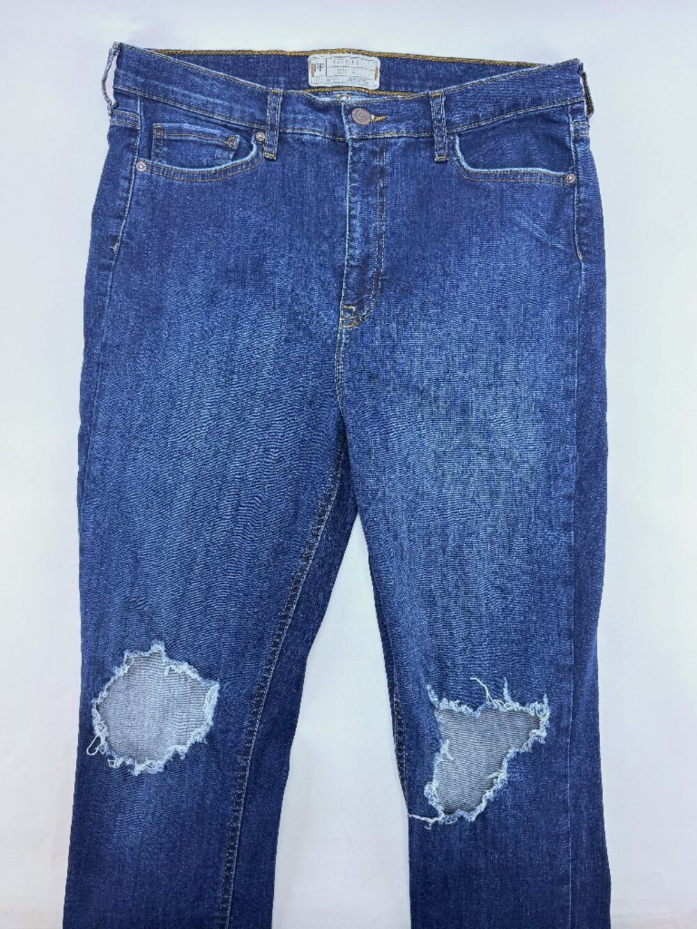 Free People Ripped High Rise Busted Knee Skinny Jeans Distressed Blue Sz 32